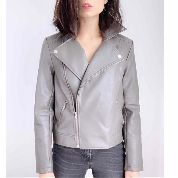 Vegan Leather MOTO Jacket Gray Grey - Picture 2 of 3